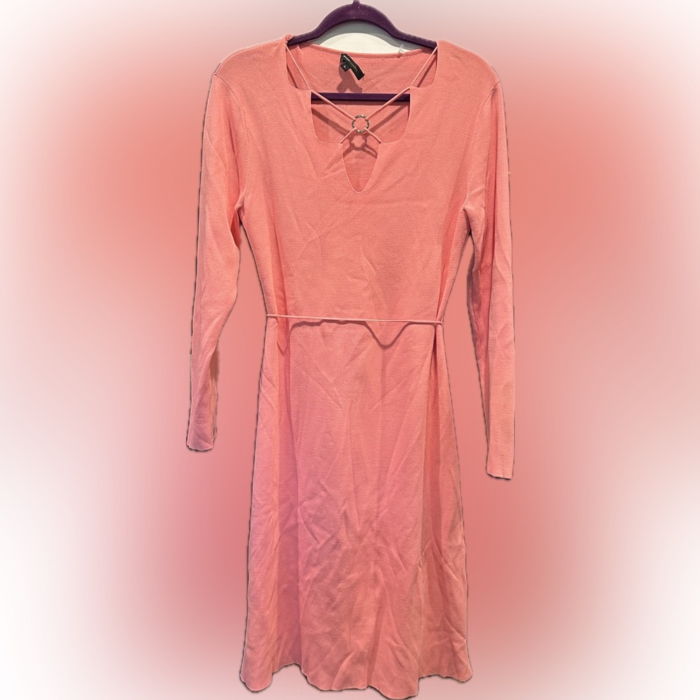 EUC BCBGMAXAZRIA Peachy Pink Sweater Dress Cutout Neck Detail w/ Tie at Waist - Picture 2 of 14